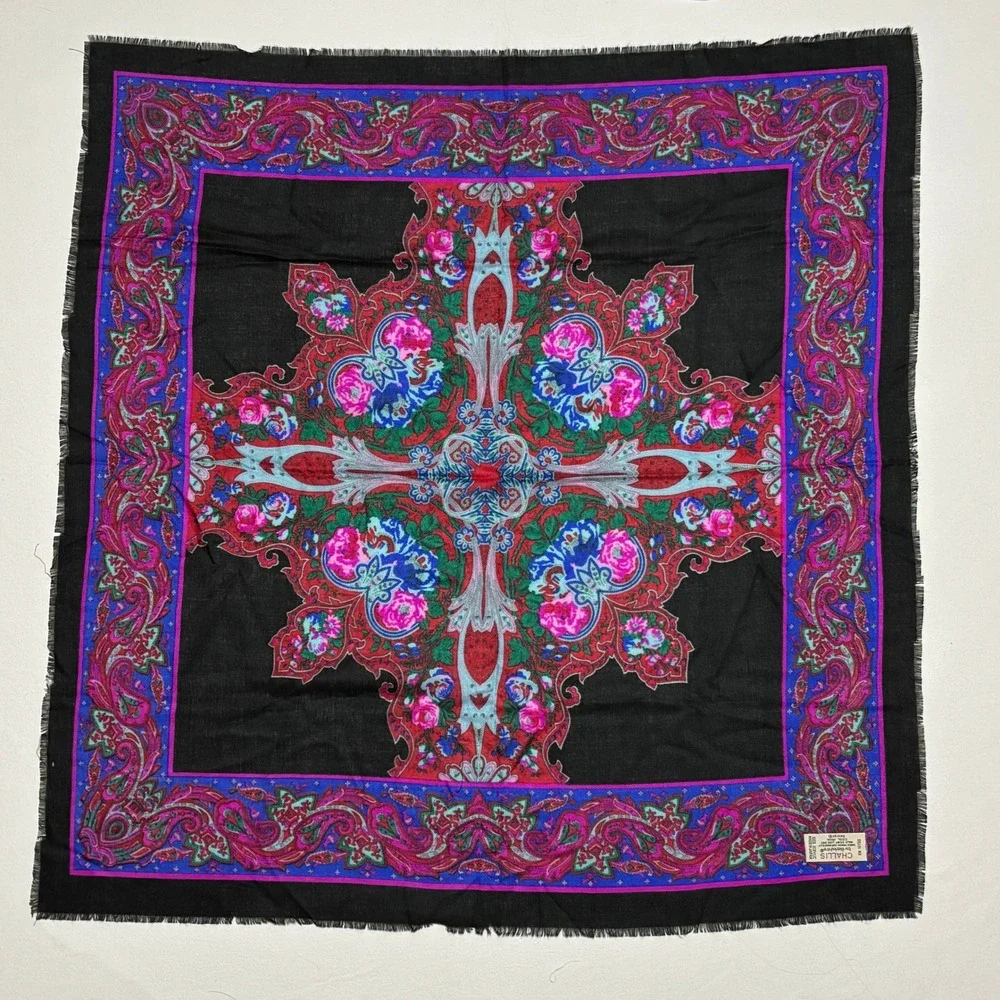 Challis by Berkshire Scarf Womens OS Black Floral Paisley Japan 30in Square Vtg